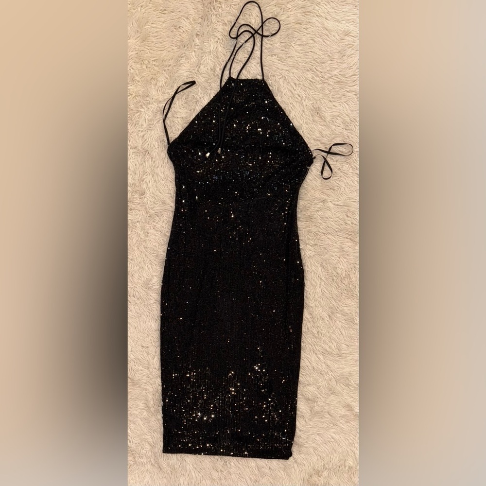 NEW ALEXIA ADMOR LETITIA Halter bow back black sequin cocktail dress sz 10 - Picture 4 of 7